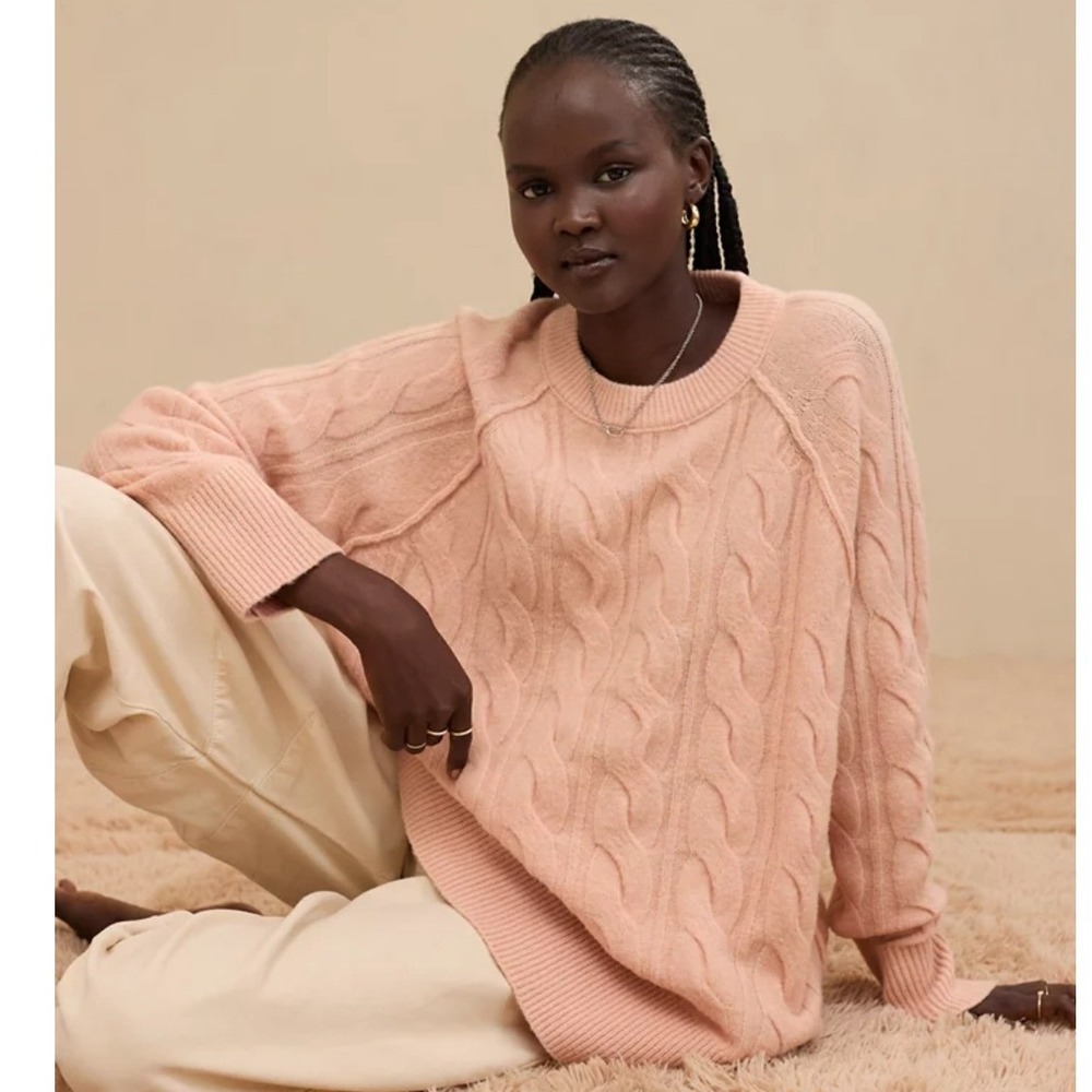 Aerie unREAl Cable Crew Sweater Peach Pink Knit Pullover 065-0745-3487 Medium